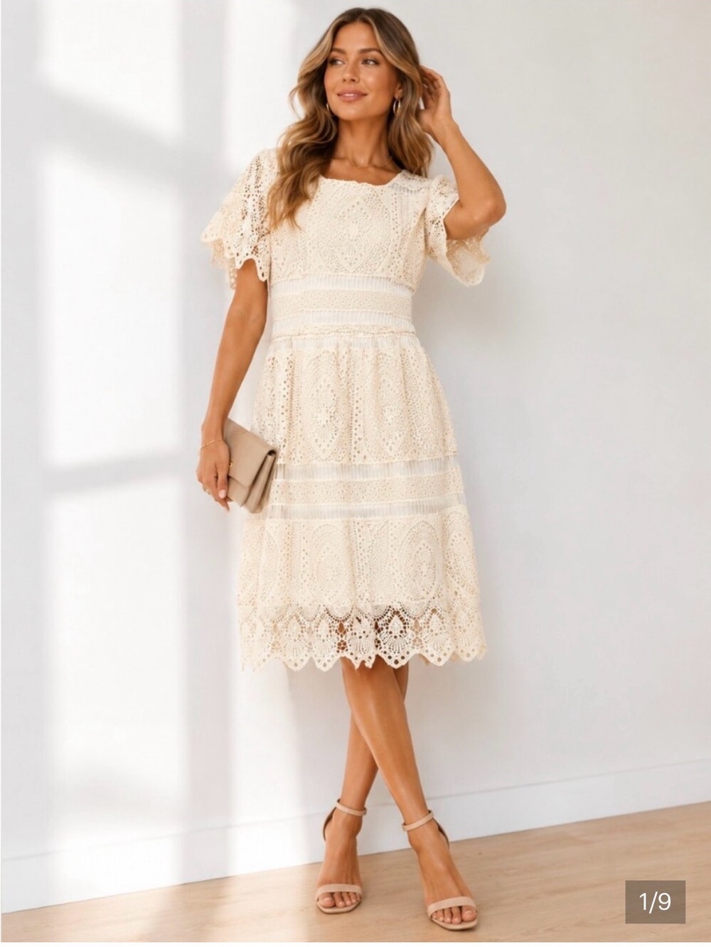 Polagram Cream Crochet Midi Dress with Flutter Sleeves